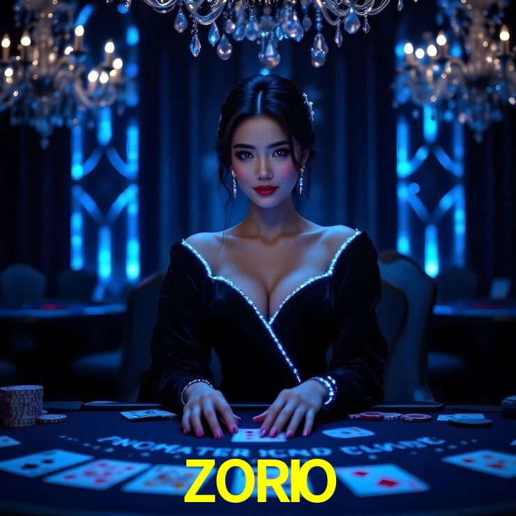 Escena dinámica inspirada en casino con iluminación ZORIO, cartas, fichas e íconos de juegos digitales en un espacio moderno de juegos.