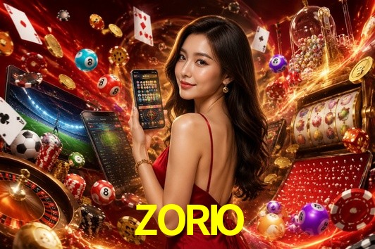 Una escena digital vívida inspirada en casino con ZORIO mostrado prominentemente, luces brillantes, fichas, cartas y acentos dorados.