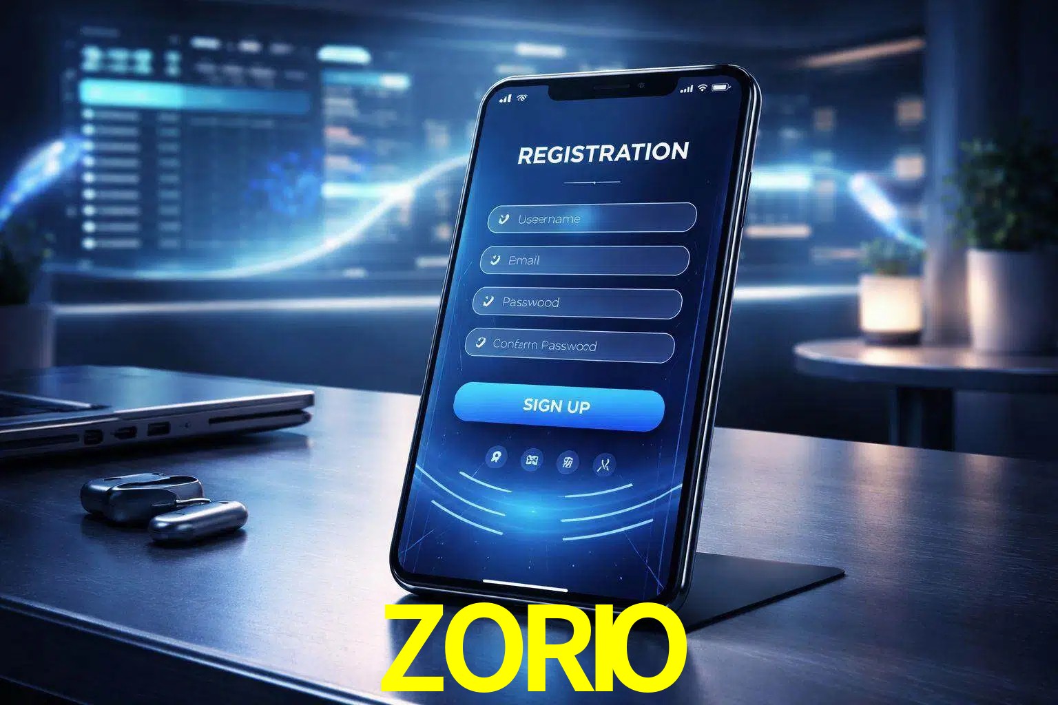 Una interfaz moderna de registro móvil para ZORIO mostrada en un smartphone con un panel de apuestas elegante.